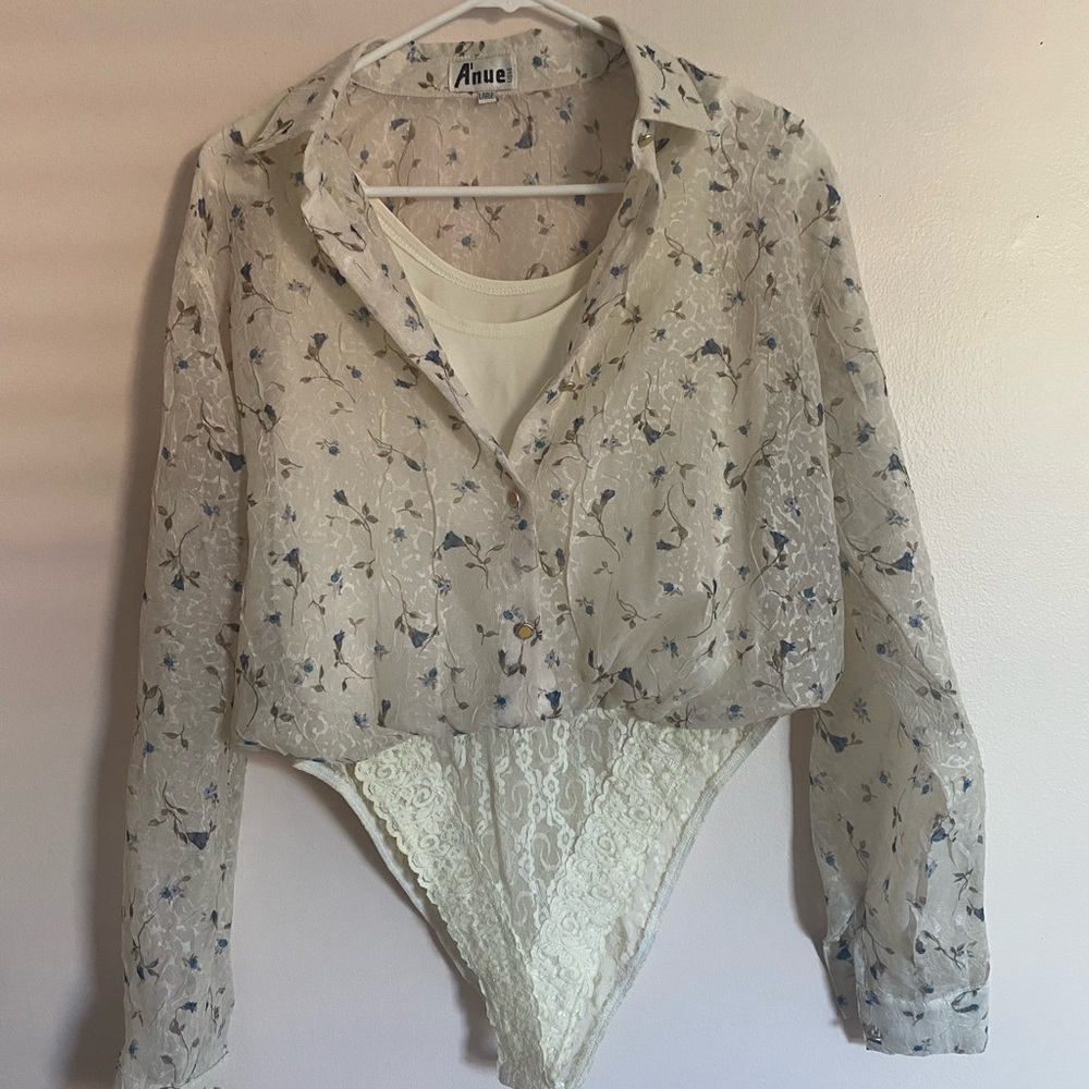 Anue Floral Sheer Blouse with Lace Bodysuit